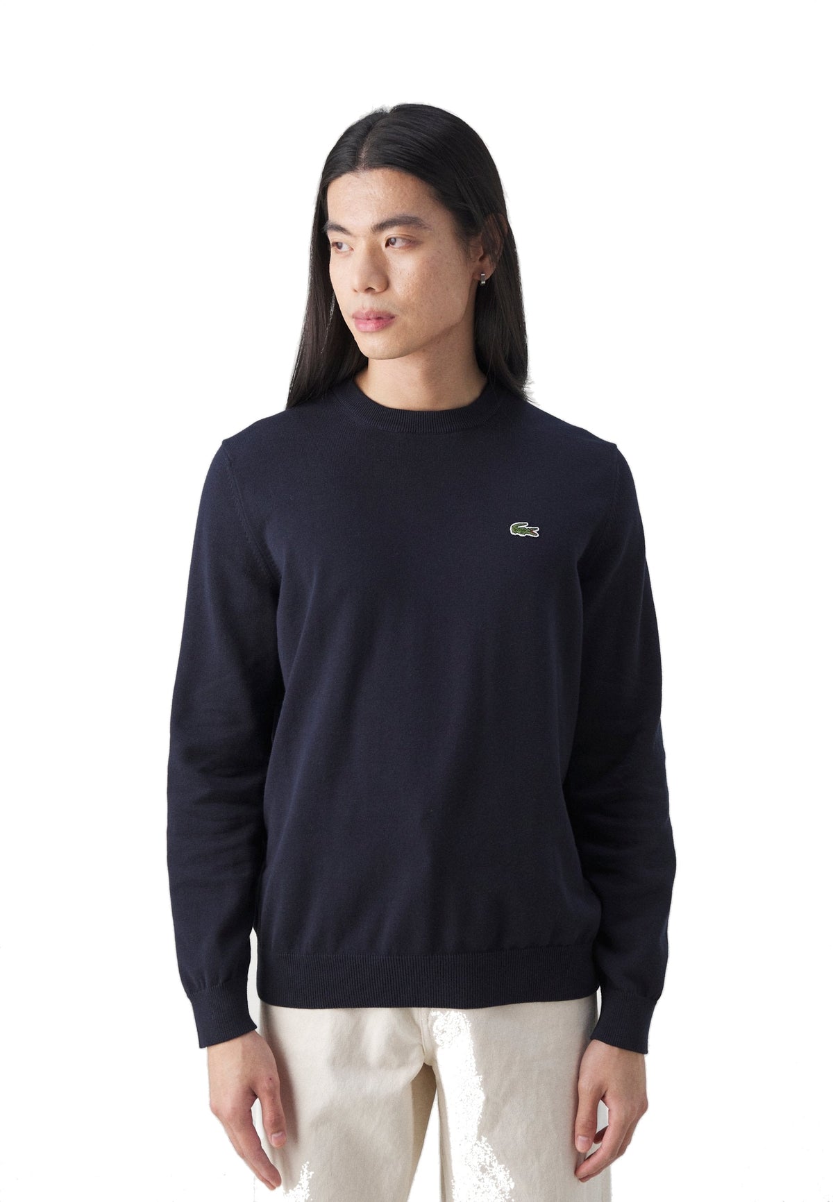 Lacoste Pull col rond en coton mélangé Unisexe – Bleu marine