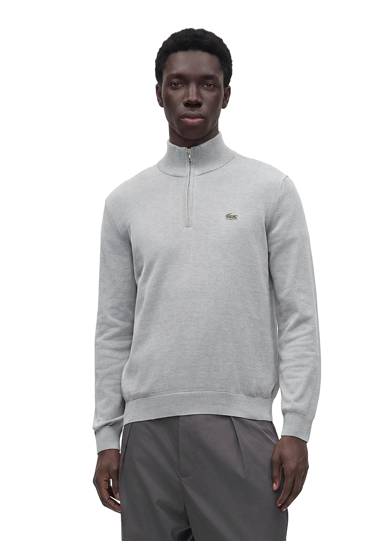Lacoste Pull col camionneur zippé Homme – Gris clair chiné
