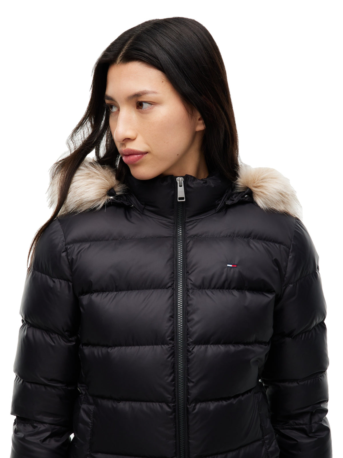 Tommy Jeans Doudoune slim à capuche fausse fourrure Femme – Noir